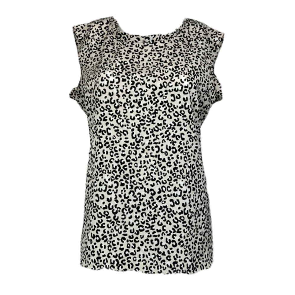 DKNY Shirt Tank Cami Womens‎ Sz M White Black Leopard Print Silky Cap Sleeve Top